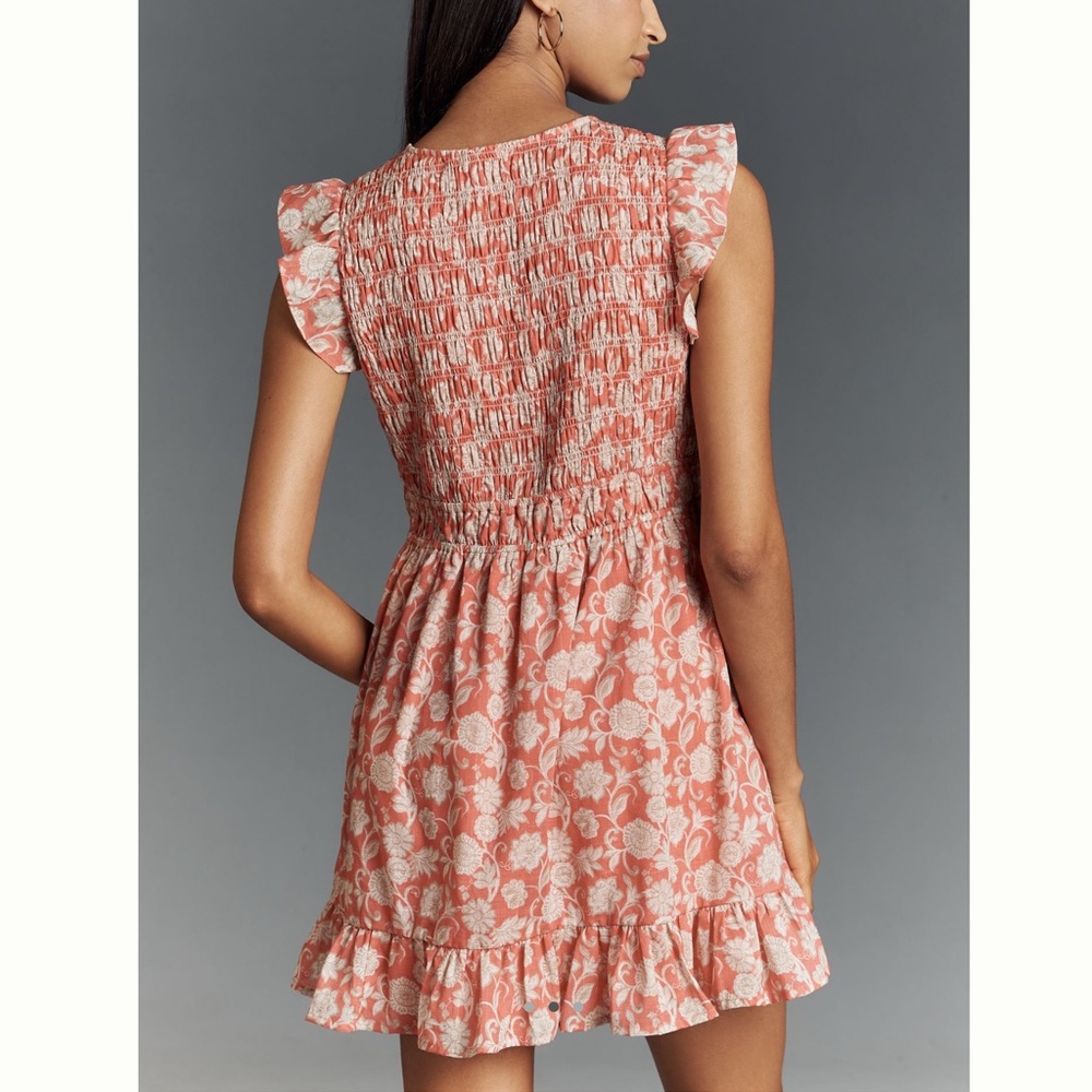 Anthropologie Peregrine Mini Dress Sleeveless V-Neck Smocked New 2X Coral Floral - Picture 2 of 14